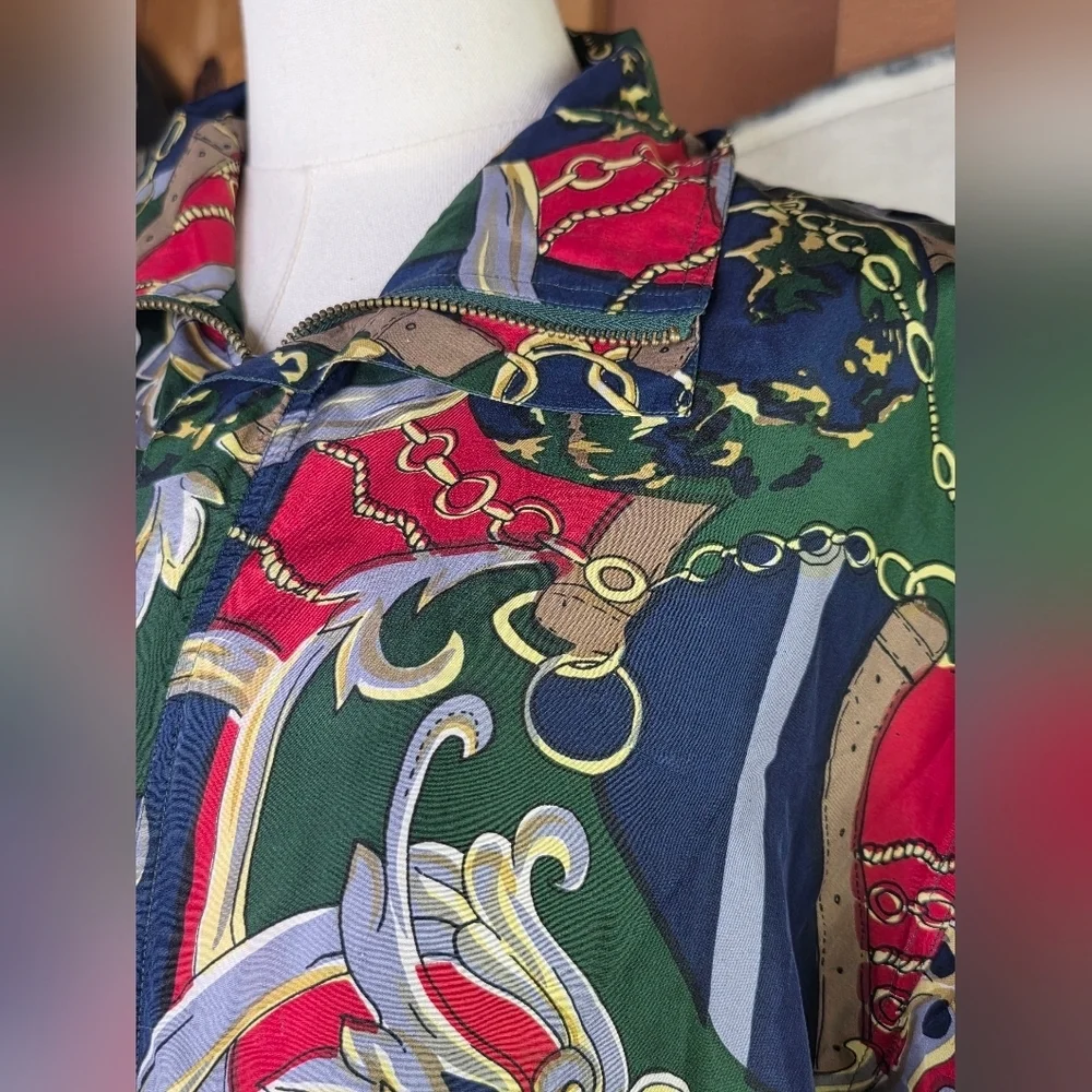 Fu Da Intl Vintage Silk Chain Print Bomber Jacket 90s Equestrian Scarf - Picture 6 of 10